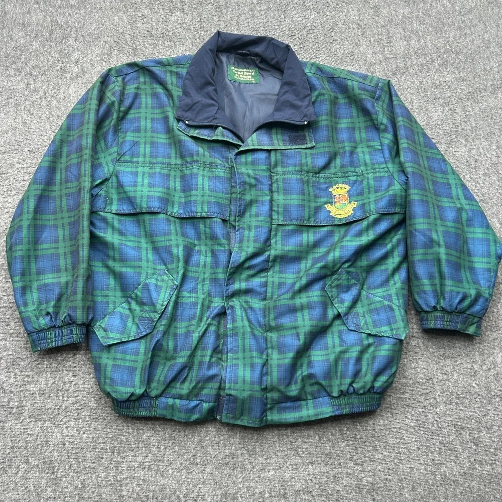 St. Andrews Tartan Windbreaker Jacket Medium Blue Green Golf Polyester Rain